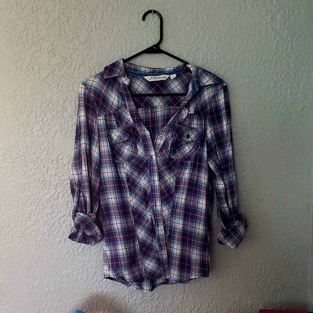 Women's Long Sleeve Purple Blue Plaid Shirt Size S